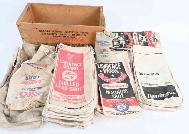 45 VINTAGE CLOTH LEAD SHOT BAGS + WINCHESTER BOX