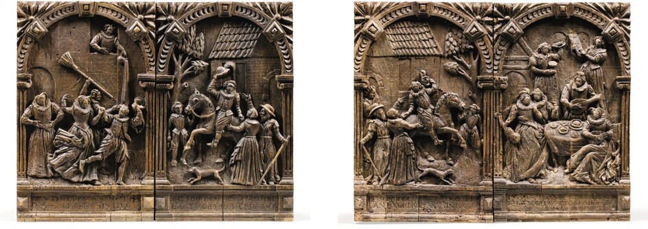 Netherlandish, 17th century Pair of double reliefs with courtly scenes