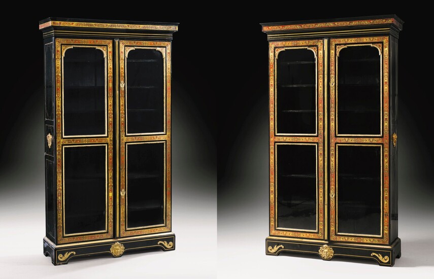 A very important pair of gilt-bronze mounted ebony, Boulle tortoiseshell and brass "en première partie et contre-partie" marquetry bookcases, Louis XIV, circa 1710-1720, stamped Nicolas Sageot and NS