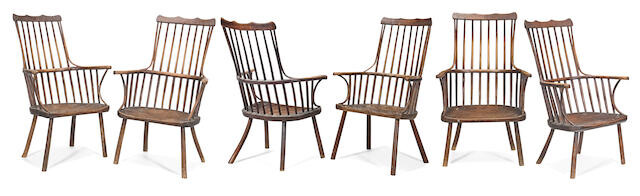 An extraordinarily rare set of six early George III ash high comb-back Windsor armchairs, West Country, circa 1760