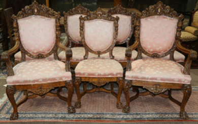 Victorian carved dining room chairs attributed to R J Horner