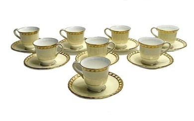 8 Minton England Porcelain Demitasse Cup and Saucers. Pale Yellow & Gilt