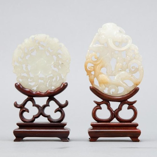 Group of 2 Chinese Qing Jade Medallions on Stands