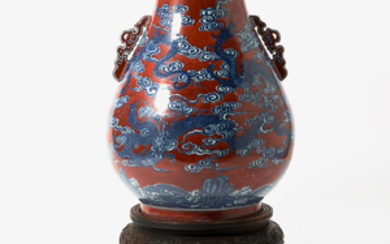 A large Chinese blue and white and red-glazed 'dragon' vase, hu