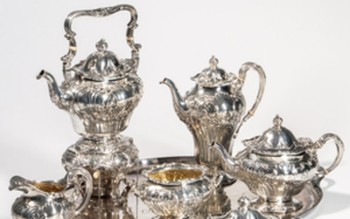Six-piece Gorham Sterling Silver Tea and Coffee Service with Associated Silver-plate Tray