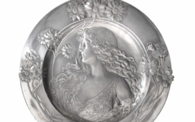 WMF, a Jugendstil silver plated pewter shaped circular wall plaque by WMF