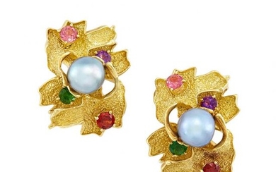 Pair of Gold, Tahitian Gray Cultured Pearl and Gem-Set Earrings