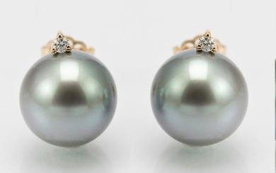 9x10mm Round Silvery Grey-Green - 14 kt. Tahitian pearls, Yellow gold - Earrings - 0.04 ct