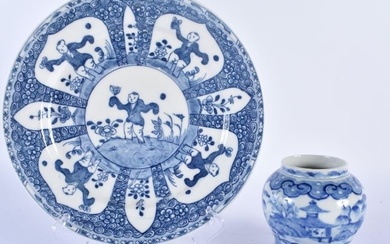 A 19TH CENTURY CHINESE BLUE AND WHITE PORCELAIN JAR bearing Kangxi marks to base, together with a bl