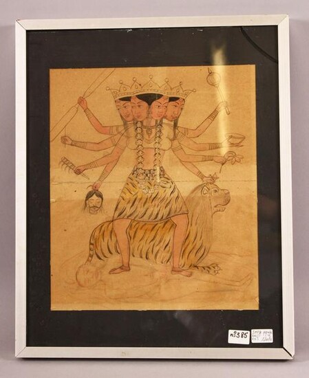 A 19TH CENTURY INDIAN PAINTING ON PAPER OF KALI sat