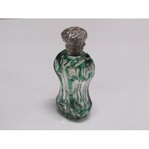 A 19c green flashed and cut waisted scent bottle with hinged...