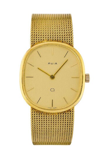 A 9ct gold quartz bracelet watch, by Avia, the champagne coloured elliptical dial with applied baton markers, to a 9ct gold broad tapering bracelet, European Convention marks, length including watch, 18.5cm