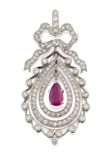 A Belle Epoque platinum, diamond and ruby pendant designed as a brilliant-cut diamond drop-shaped panel with three diamond-set articulated frames and a central pear-shaped ruby drop, to a diamond ribbon bow suspension, together with two small...