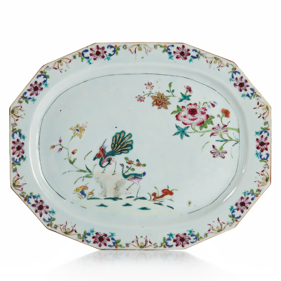 A CHINESE FAMILLE ROSE PORCELAIN 'DOUBLE PEACOCK' SERVING DISH.