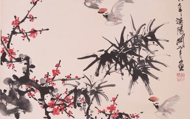 A CHINESE FLOWER AND BIRD PAINTING ON PAPER, HANGING SCROLL, GUAN SHANYUE MARK