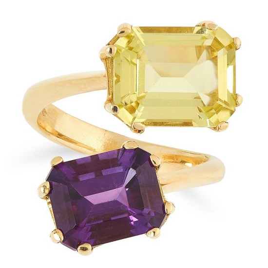 A CITRINE AND AMETHYST TOI ET MOI RING set with an