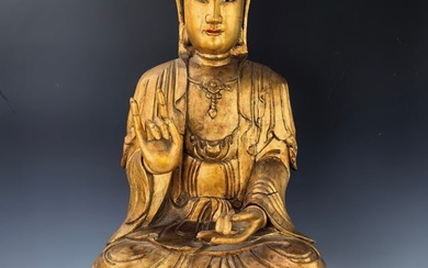 A Chinese Wood Carved Gilt Buddha Statue on Wood Base