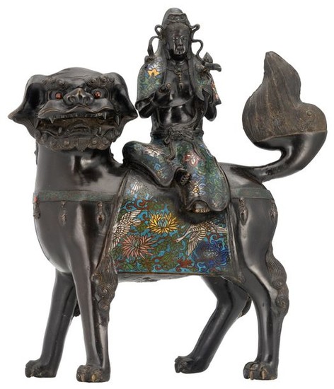 A Chinese champlevé enamel bronze figure, depicting a...