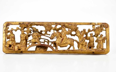 A Chinese giltwood carved panel depicting a figure on horseback...