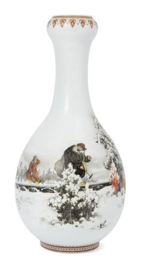 A Chinese porcelain garlic-head vase, mid-20th century, finely painted to the bulbous body with a father and son repairing a railroad in a winter landscape, iron red Jingdezhen factory seal mark to base, 25cm high