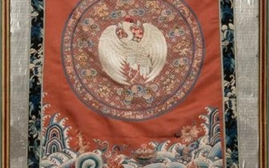 A Chinese red-ground embroidered silk panel, early 19th century