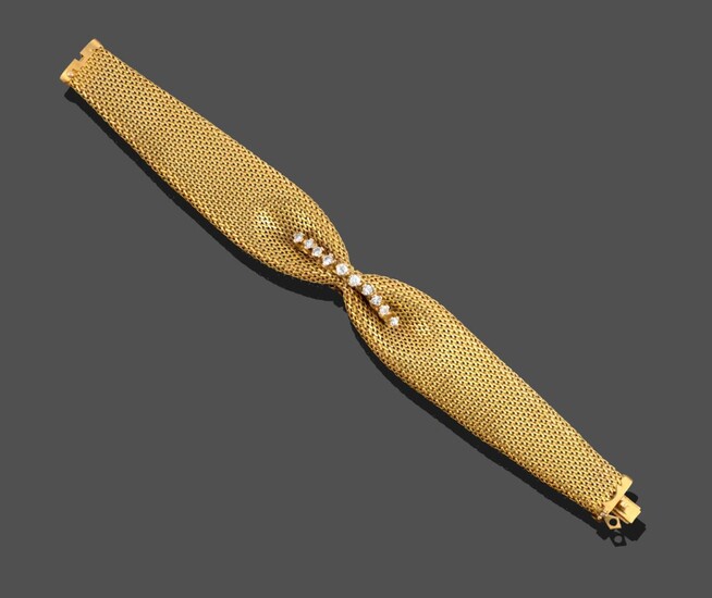 A Diamond Bracelet, the broad yellow bracelet of mesh links gathered centrally into a bow...