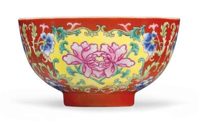 A FAMILLE ROSE CORAL-GROUND BOWL, DAOGUANG SIX-CHARACTER SEAL MARK IN UNDERGLAZE BLUE AND OF THE PERIOD (1821-1850)