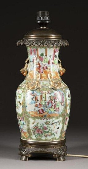 A FAMILLE ROSE HANDLED VASE AS LAMP
