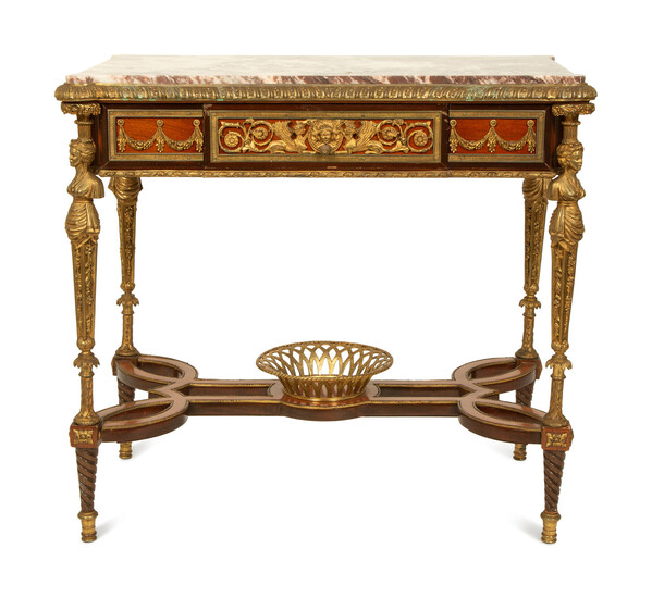 A French Empire Style Gilt Bronze Mounted Mahogany Table with Rouge Marble Top