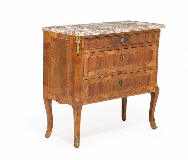 NOT SOLD. A French early 20th century rosewood chest of drawers, inlaid with intarsia, marble...