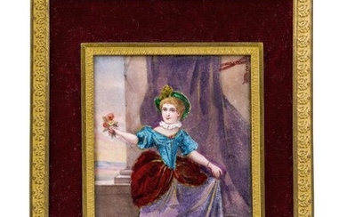 A French enamel plaque of a lady, signed Rochat, early 20th century, depicted in colourful dress holding a posy of flowers, in a gilt-brass and red velvet frame, the plaque - 11.2 x 7cm, 19.5cm high overall