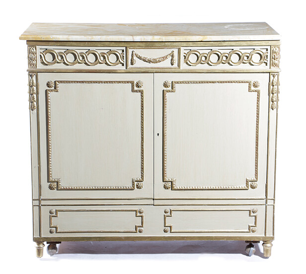 A GILT AND CREAM PAINTED SIDE CABINET