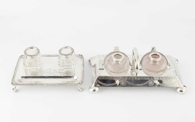 A George V silver rectangular inkstand, with gadrooned border, foliate...