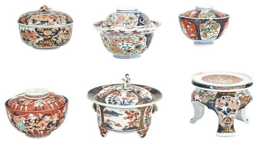 A Group of Five Japanese Imari Porcelain Covered Bowls