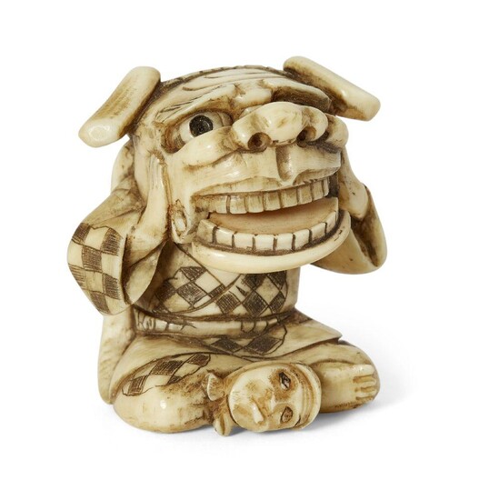 A Japanese ivory netsuke, 19th century, carved as a Chinese boy with lion mask, signed Hirozan to base, 4cm