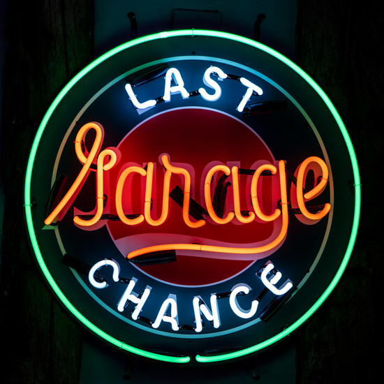 A 'Last Chance Garage' neon sign