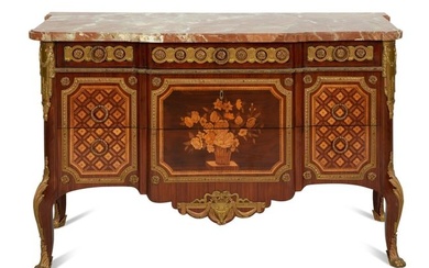 A Louis XV/XVI Transitional Style Gilt Metal Mounted Marquetry Marble-Top Commode