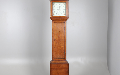 A MID-19TH CENTURY OAK EIGHT DAY LONGCASE CLOCK.