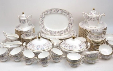 A Minton bone china 'Tapestry' pattern part service, comprising: two large serving dishes, 42cm wide; two further serving dishes, 35cm wide; two smaller serving dishes, 31cm wide; seventeen dinner plates; eighteen side plates; two gravy boats and...