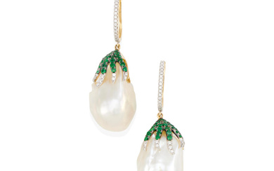 A PAIR OF 18K GOLD, CULTURED PEARL, EMERALD AND DIAMOND...