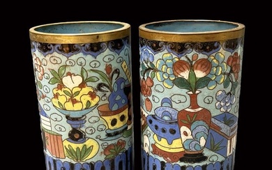 A Pair Of Chinese Cloisonne Cylindrical Object Miniature Vases