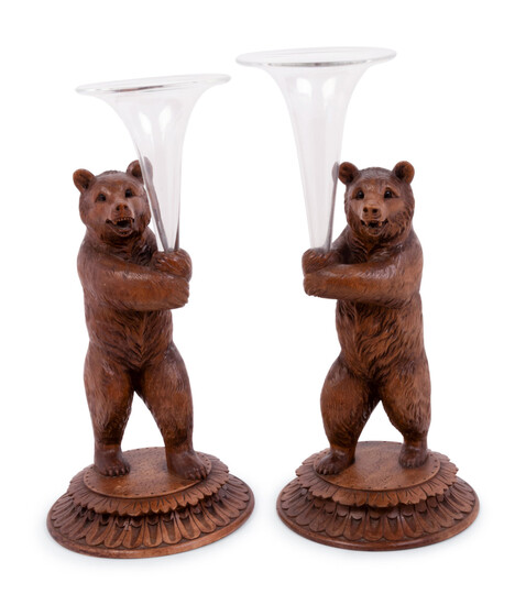 A Pair of Black Forest Style Carved Wood Bear-Form Trumpet Vases