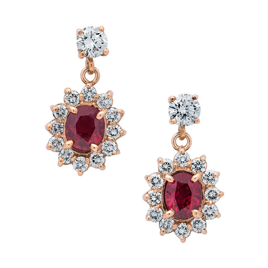 A Pair of Ruby, Diamond and Gold Ear Pendants