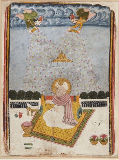 A Pandi (priest) receiving a shower of flower blossoms and holding a rose wreath, Deccan, 18th century, opaque pigments on paper heightened with gilt, 25 x 18.6cm Provenance: Private German Collection formed in the 1970s