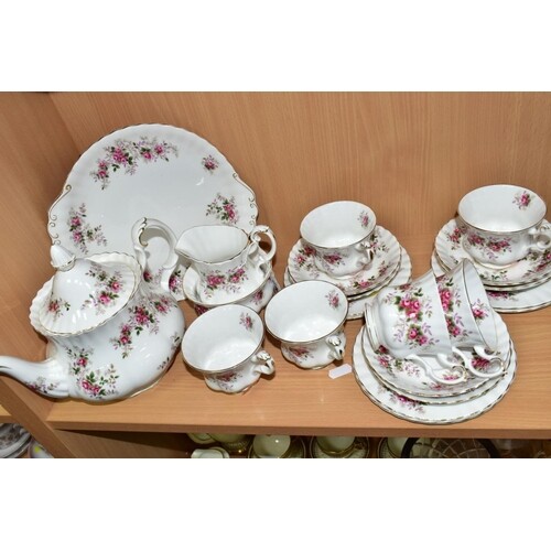 A ROYAL ALBERT LAVENDER ROSE TEA SET, comprising a tea pot a...