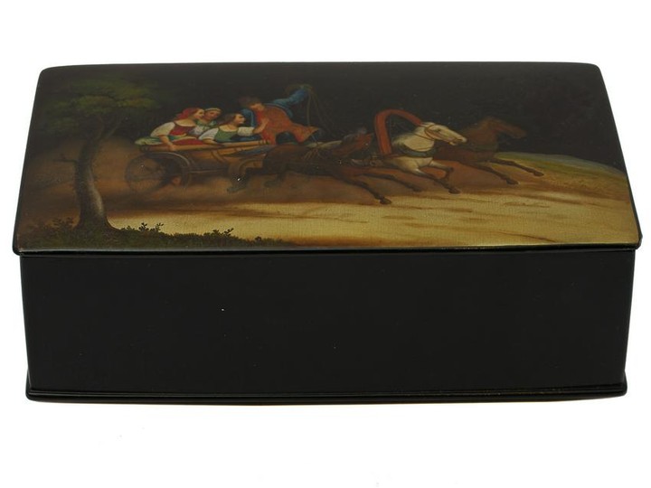 A RUSSIAN LACQUERED BOX DEPICTING MAIDEN TROIKA