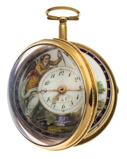 A Rare 19th Century Gold Open Faced Pocket Watch by Courvoisier Freres Beautifully painted dial...
