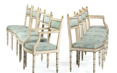 A Set of Ten Italian Painted and Parcel Gilt Dining
