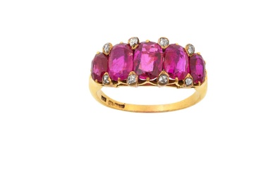 A Victorian Ruby Five Stone Ring the graduated oval cut...