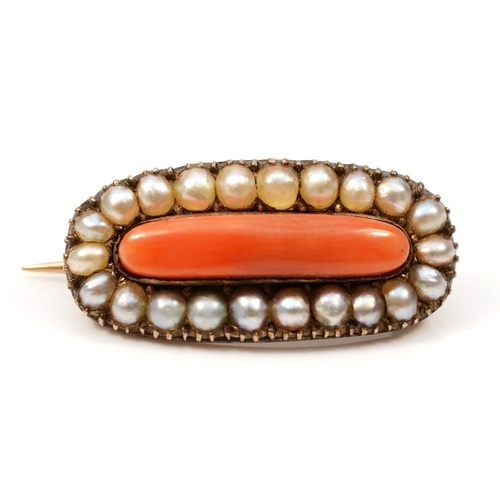 A Victorian gold coral and seed pearl brooch, unmarked, 24 x...